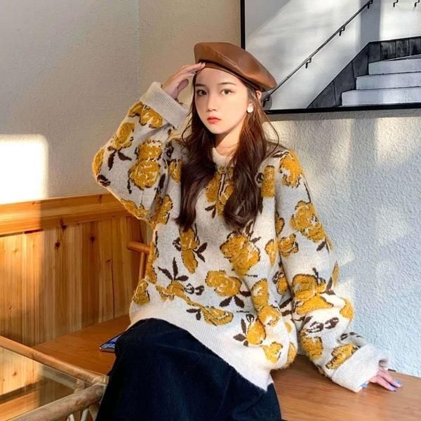 women's sweaters korean style casual loose womens fashion rose flower pullovers long sleeve o-neck autumn winter knitted 2021, White;black
women's sweaters korean style casual loose womens fashion rose flower pullovers long sleeve o-neck autumn winter knitted 2021, White;black