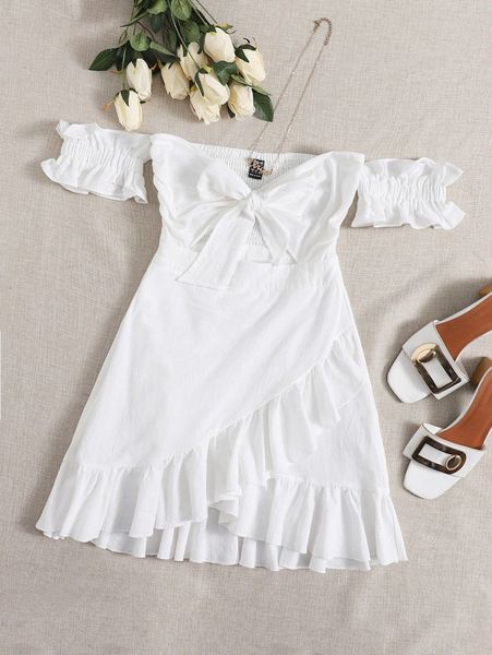 plus off shoulder knot front ruffle trim dress d938#, Black
plus off shoulder knot front ruffle trim dress d938#, Black