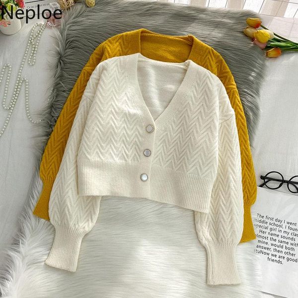 neploe 2020 autumn new korean v-neck knitted short cardigan jacket women lantern long sleeve twisted sweater outwear 1g666, White