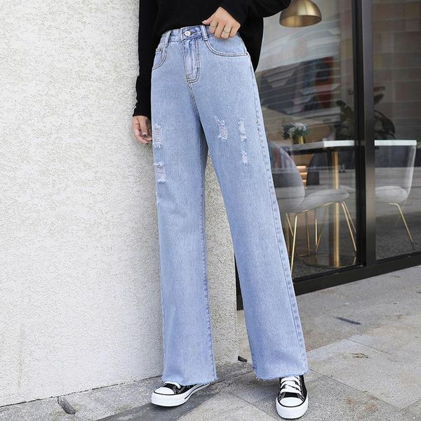 #3197 blue distressed denim ripped jeans for women straight high waist jeans femme with holes woman loose spring autumn
#3197 blue distressed denim ripped jeans for women straight high waist jeans femme with holes woman loose spring autumn
