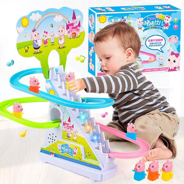 Children Piggy Climb Stairs Light Music Quiz Baby Track Car Toy Cartoon Cute Cars For Kids