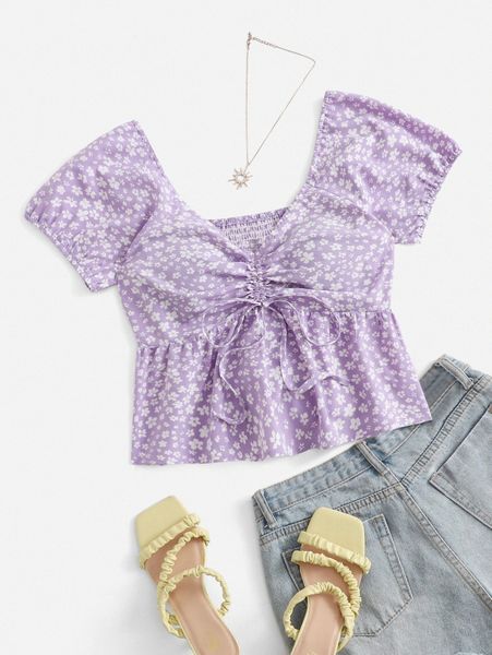 ditsy floral drawstring ruched peplum w7hp#, White 
ditsy floral drawstring ruched peplum w7hp#, White