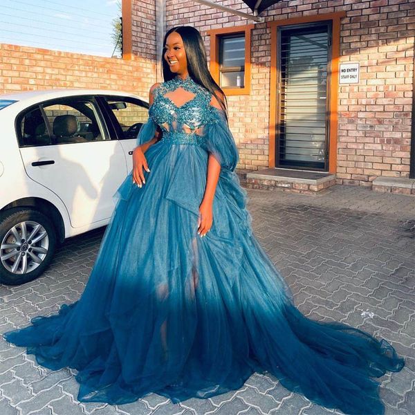 blue beaded a line prom dresses appliqued high neck off the shoulder evening gowns sweep train tulle formal dress, Black
blue beaded a line prom dresses appliqued high neck off the shoulder evening gowns sweep train tulle formal dress, Black