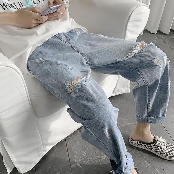 men's jeans wholesale 2021 teenagers denim ripped hole male korean trend loose straight brand pants vibrato summer thin harem, Blue
men's jeans wholesale 2021 teenagers denim ripped hole male korean trend loose straight brand pants vibrato summer thin harem, Blue