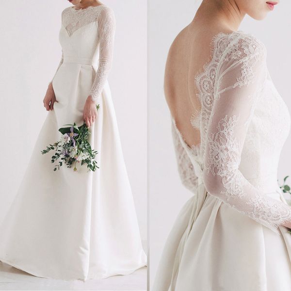 classic wedding dress with jewel long-sleeves appliqued lace back-less bridal gown custom made satin robes de mariée, White
classic wedding dress with jewel long-sleeves appliqued lace back-less bridal gown custom made satin robes de mariée, White