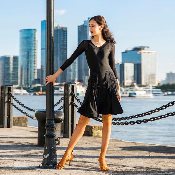 black v-neck latin dance skirt slit dress with mesh sleeves & women performance costume standard practice wear b02031, Black;red
black v-neck latin dance skirt slit dress with mesh sleeves & women performance costume standard practice wear b02031, Black;red