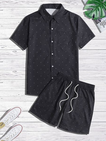 men dot print patched pocket shirt & drawstring waist shorts s0tw#, Gray
men dot print patched pocket shirt & drawstring waist shorts s0tw#, Gray