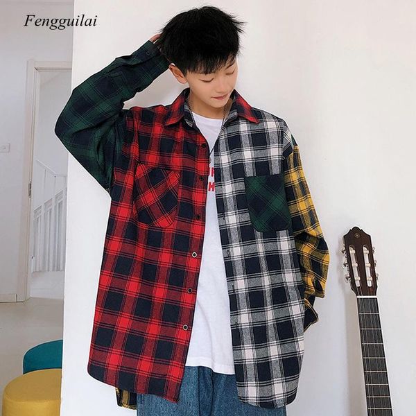 men's casual shirts men oversized cotton plaid shirt 2021 man hip hop patchwork button up long sleeve couple korean harajuku clothing, White;black
men's casual shirts men oversized cotton plaid shirt 2021 man hip hop patchwork button up long sleeve couple korean harajuku clothing, White;black