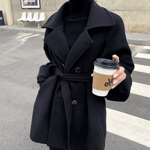 women's korean style mid-long coats solid black single breasted sashes loose woolen coat women popular jackets autumn winter
women's korean style mid-long coats solid black single breasted sashes loose woolen coat women popular jackets autumn winter