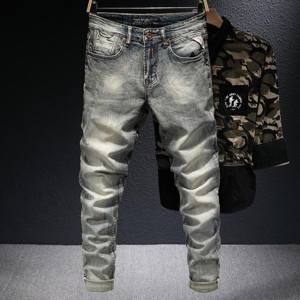 men's jeans italian style fashion men retro wash elastic cotton slim fit ripped denim trousers vintage designer pants, Blue
men's jeans italian style fashion men retro wash elastic cotton slim fit ripped denim trousers vintage designer pants, Blue