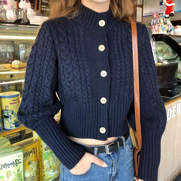women autumn vintage sweater knitted puff sleeve short slim turtleneck solid korean single breasted cardigan sweaters, White;black
women autumn vintage sweater knitted puff sleeve short slim turtleneck solid korean single breasted cardigan sweaters, White;black
