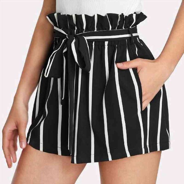 wide leg women shorts retro striped casual fit elastic waist pocket bandage short pants large size for lady, White;black 
wide leg women shorts retro striped casual fit elastic waist pocket bandage short pants large size for lady, White;black