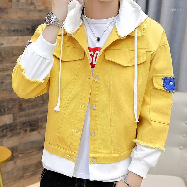fashion men's denim jacket casual coat hooded black white yellow patchwork frayed loose students outwear z211, Black;brown
fashion men's denim jacket casual coat hooded black white yellow patchwork frayed loose students outwear z211, Black;brown