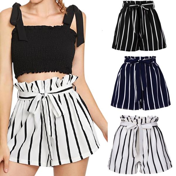 women's retro stripe print bandage pocket casual streetwear elegant elastic waist shorts feminino spodenki, White;black
women's retro stripe print bandage pocket casual streetwear elegant elastic waist shorts feminino spodenki, White;black