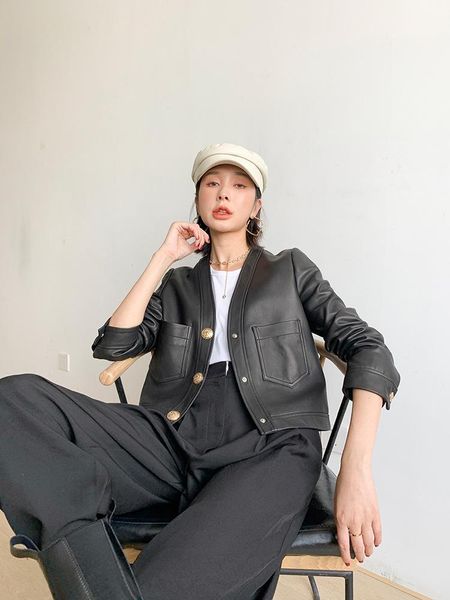 women's leather & faux haining short sheepskin autumn 2021 slim and versatile v-neck small jacket coat, Black
women's leather & faux haining short sheepskin autumn 2021 slim and versatile v-neck small jacket coat, Black