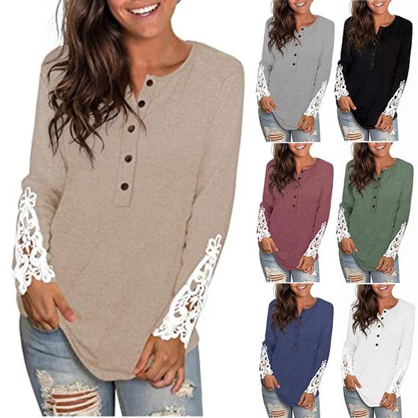 women's t-shirt 2021 autumn round neck button sleeve lace stitching women casual loose solid color pullover woman tshirts femme, White
women's t-shirt 2021 autumn round neck button sleeve lace stitching women casual loose solid color pullover woman tshirts femme, White