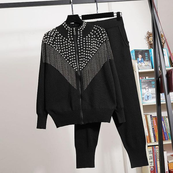 women's tracksuits women fashion manual rivet tassel knit tracksuit set black sweater coat long pencil pants outfits female casual knit, Gray
women's tracksuits women fashion manual rivet tassel knit tracksuit set black sweater coat long pencil pants outfits female casual knit, Gray
