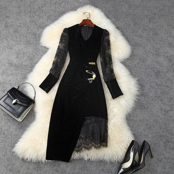 2020 fall autumn long sleeve v neck black pure color lace panelled mid-calf dress elegant casual dresses lo0811376, Black;gray
2020 fall autumn long sleeve v neck black pure color lace panelled mid-calf dress elegant casual dresses lo0811376, Black;gray