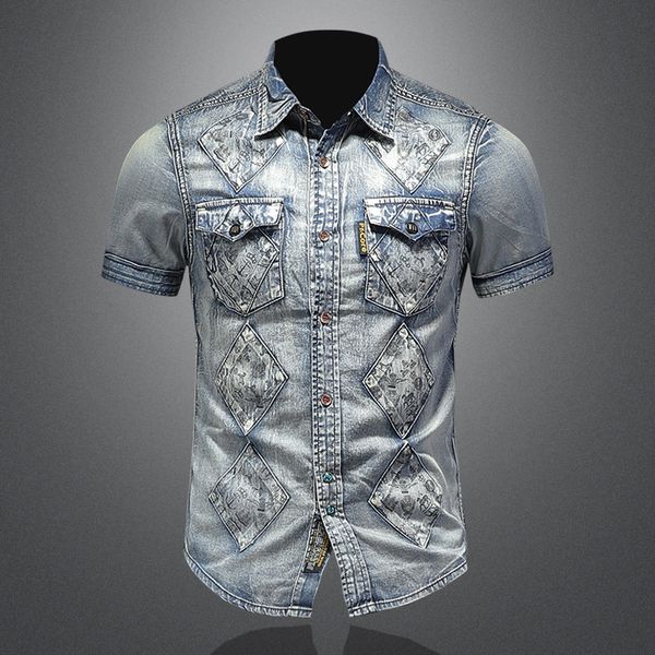 european style summer short sleeve denim flower shirt worn looking washed-out slim fit light color mens retro flower shirt 15131, Black;brown
european style summer short sleeve denim flower shirt worn looking washed-out slim fit light color mens retro flower shirt 15131, Black;brown