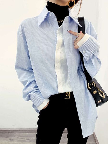 blue striped women's autumn and winter slim long sleeve dign temperament high chic personality folding fashionable shirt, White
blue striped women's autumn and winter slim long sleeve dign temperament high chic personality folding fashionable shirt, White
