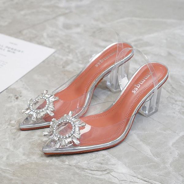 fashion new transparent heel sandals plus size women's shoes spring summer pointed rhinestone heels ladies 34af, Black