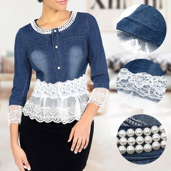 women jean jacket autumn vintage lace o-neck patchwork pearl beading denim coat elegant three quarter sleeve female jackets1, Black;brown
women jean jacket autumn vintage lace o-neck patchwork pearl beading denim coat elegant three quarter sleeve female jackets1, Black;brown