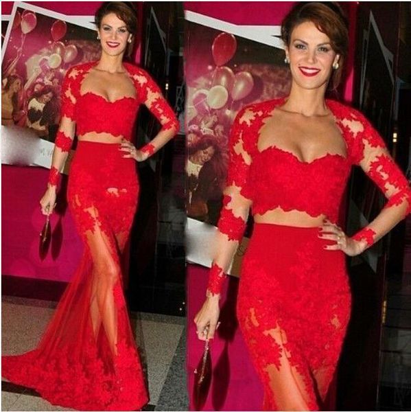 two piece red mermaid prom dresses appliques lace illusion long sleeve see through special occaion dress sweetheart formal evening gown, Black
two piece red mermaid prom dresses appliques lace illusion long sleeve see through special occaion dress sweetheart formal evening gown, Black