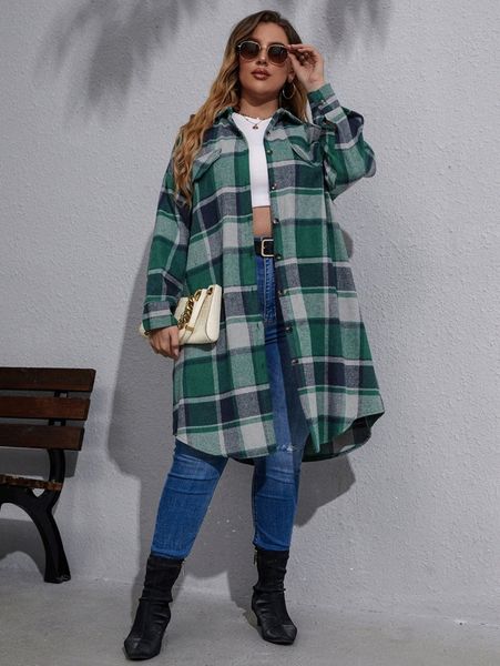 plus plaid drop shoulder coat d4yc#, Black