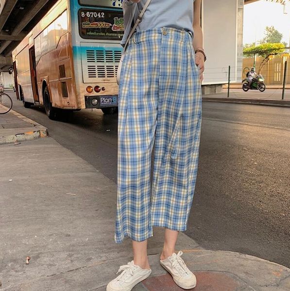 new plaid casual student high waist slimming wide leg pants loose cropped women pants, Black;white
new plaid casual student high waist slimming wide leg pants loose cropped women pants, Black;white