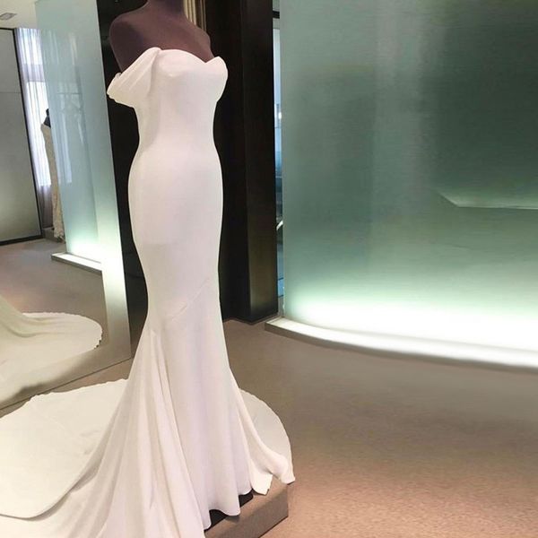 white spandex mermaid wedding dress off-shoulder vestido de noiva with long train zipper up back wedding reception dress bridal gowns