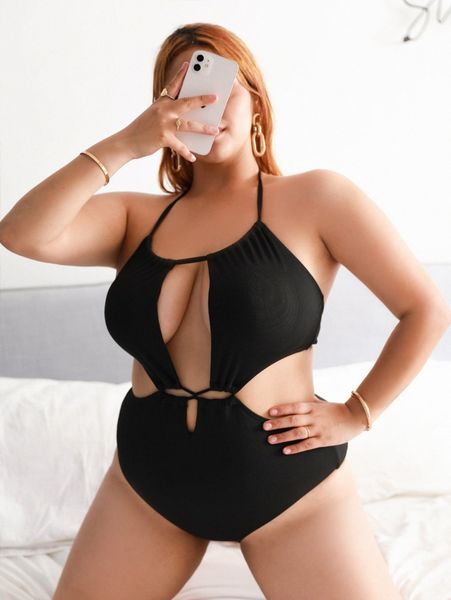 plus cut out halter one piece swimsuit 37gr#, Black 
plus cut out halter one piece swimsuit 37gr#, Black
