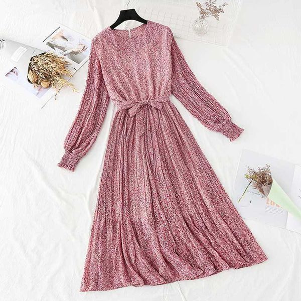 elegant round neck floral print women dress full sleeve elastic slim waist chiffon spring a-line long dress 2020 autumn dresses1, Black;gray 
elegant round neck floral print women dress full sleeve elastic slim waist chiffon spring a-line long dress 2020 autumn dresses1, Black;gray