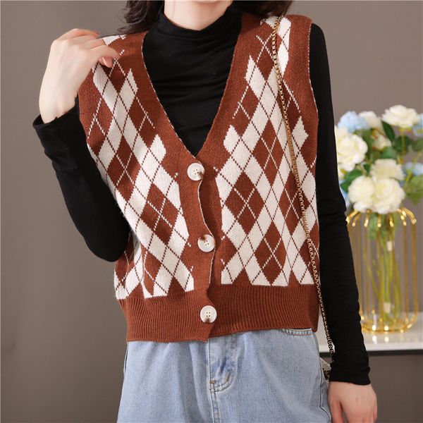 v neck plaid vest women keep warm fashion loose sleeveless sweater lingge knitted top, White;black
v neck plaid vest women keep warm fashion loose sleeveless sweater lingge knitted top, White;black