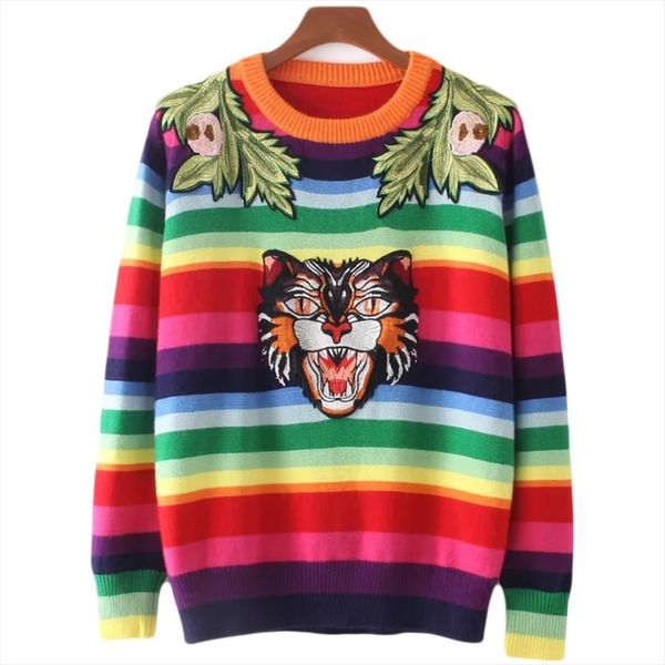 women sweater rainbow striped runway floral embroidery tiger wool pullovers knitted sweaters letters pull femme men, White;black