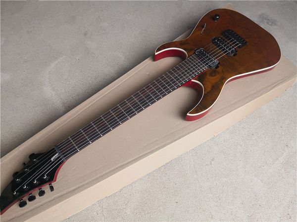 7 strings brown electric guitar basswood body with burl maple veneer hh pickups white binding lock button
7 strings brown electric guitar basswood body with burl maple veneer hh pickups white binding lock button