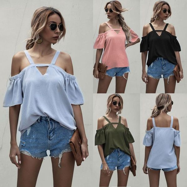 women's summer casual solid color v-neck halter loose cold shoulder bell half sleeve shirt pullover strap t-shirt, White
women's summer casual solid color v-neck halter loose cold shoulder bell half sleeve shirt pullover strap t-shirt, White