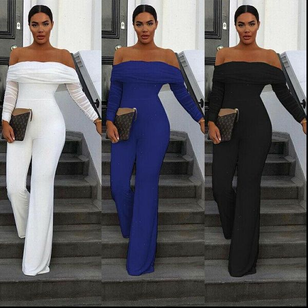 women off shoulder long sleeve mesh evening party trousers pants romper jumpsuit drop shipping good quality, Black;white