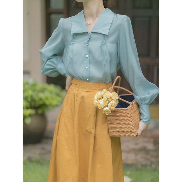 women's tracksuits lake blue lantern sleeve shirt long retro court wind pearl buckle french and yellow skirt set., Gray
women's tracksuits lake blue lantern sleeve shirt long retro court wind pearl buckle french and yellow skirt set., Gray