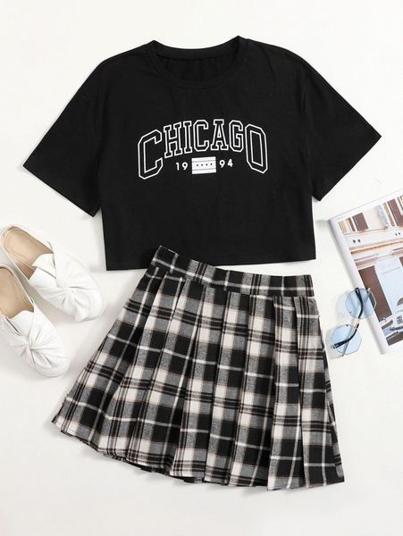 letter graphic tee with tartan plaid skirt r5j5#, White