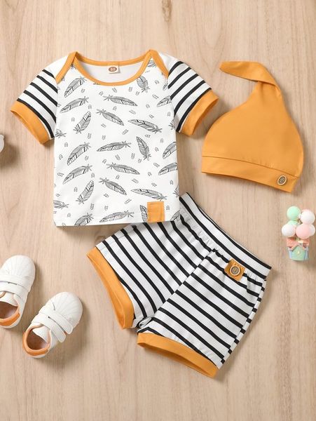 baby striped & feather print tee & shorts & hat she, White
baby striped & feather print tee & shorts & hat she, White