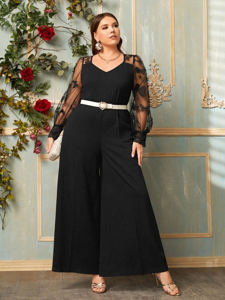 plus embroidery butterfly sheer mesh sleeve wide leg jumpsuit without belt v72f#, Black
plus embroidery butterfly sheer mesh sleeve wide leg jumpsuit without belt v72f#, Black