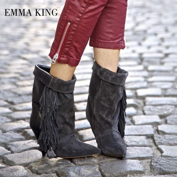 boots nature leather tassel women ankle pointed toes 8cm high heels sude shoes autumn winter sapatos femininos, Black 
boots nature leather tassel women ankle pointed toes 8cm high heels sude shoes autumn winter sapatos femininos, Black