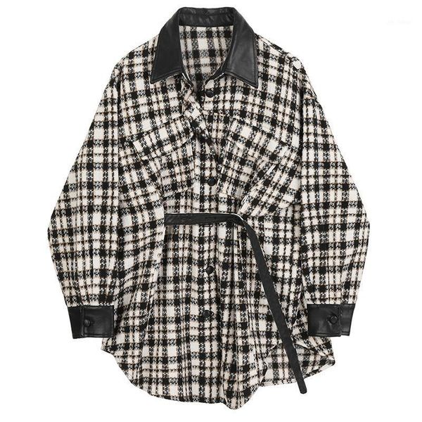 2020 women's coat loose fit black pu leather plaid big size woolen coat parkas new long sleeve for autumn winter1
2020 women's coat loose fit black pu leather plaid big size woolen coat parkas new long sleeve for autumn winter1