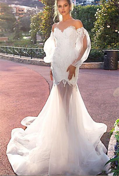fancy sweetheart mermaid wedding dresses sheer long sleeve lace applique covered button bridal gowns cascading ruffles beach wedding dresses, White
fancy sweetheart mermaid wedding dresses sheer long sleeve lace applique covered button bridal gowns cascading ruffles beach wedding dresses, White