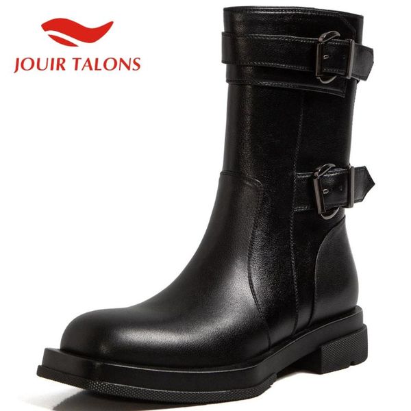 boots jouir talons female shoes buckle straps round toe cow leather solid mid-calf low heels, Black