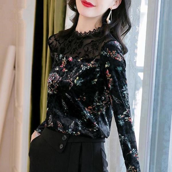 women's t-shirt 2021 spring fall casual women stand collar lace patwhork floral pattern velour t shirt , womans korean 3xl velvet tshir, White
women's t-shirt 2021 spring fall casual women stand collar lace patwhork floral pattern velour t shirt , womans korean 3xl velvet tshir, White