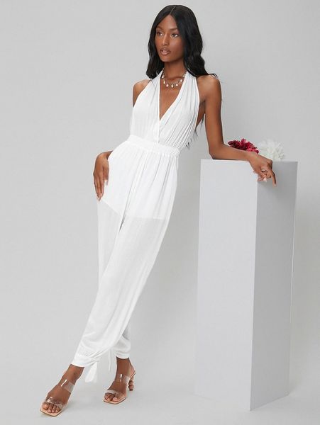open back knot hem halter jumpsuit r93h#, White
open back knot hem halter jumpsuit r93h#, White