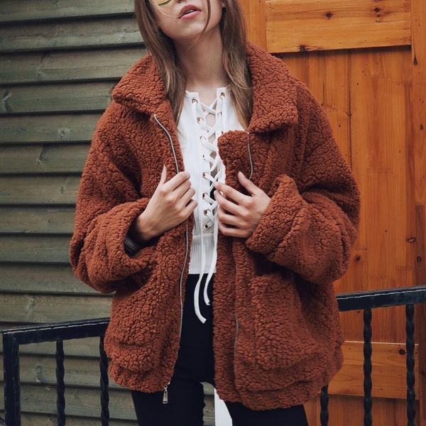 women thick warm fur lambswool jacket autumn winter zipper coat turn-down collar pocket casual outerwear hairy overcoat t200506, Black
women thick warm fur lambswool jacket autumn winter zipper coat turn-down collar pocket casual outerwear hairy overcoat t200506, Black