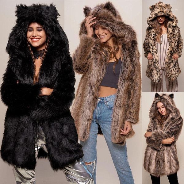 women's fur & faux winter coat women fashion cute hooded leopard long plus size loose thick warm t4691, Black
women's fur & faux winter coat women fashion cute hooded leopard long plus size loose thick warm t4691, Black