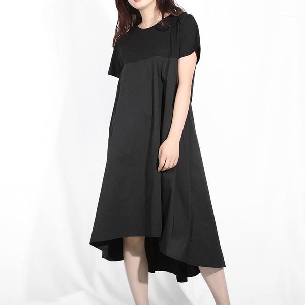 fashion tide new spring summer round neck short sleeve back long pleated irregular sittch loose dress women fashion tide f559111, Black;gray 
fashion tide new spring summer round neck short sleeve back long pleated irregular sittch loose dress women fashion tide f559111, Black;gray